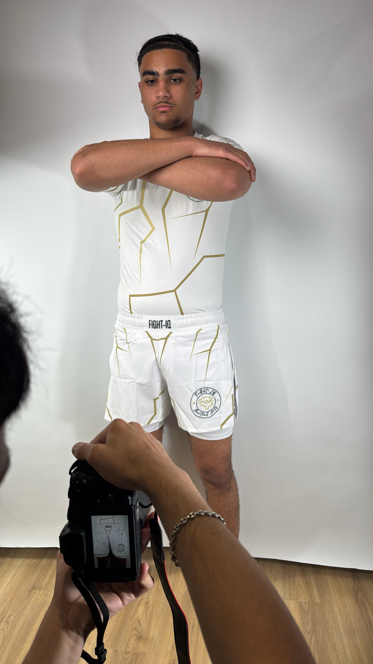 RAGE GUARD white and gold rashguard, side profile